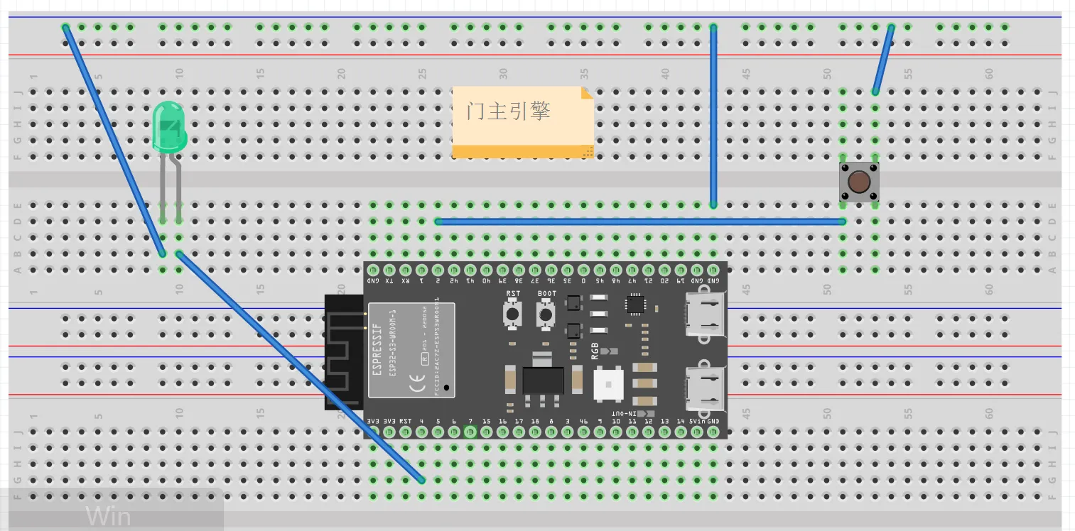 ESP32-S3 与轻触开关、LED 灯fritzing接线图