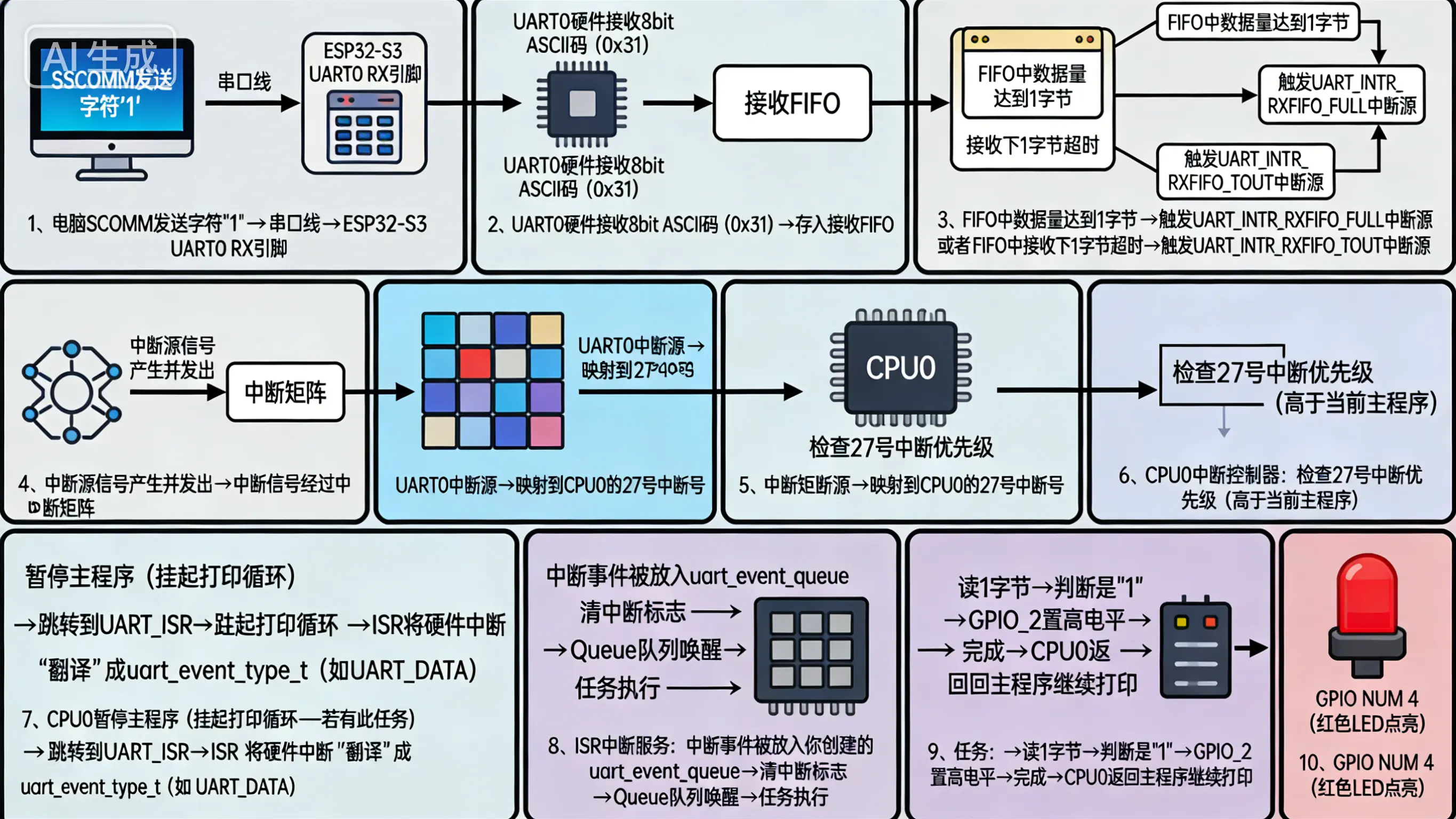 ESP32-S3 UART中断控制LED点亮流程示意图
