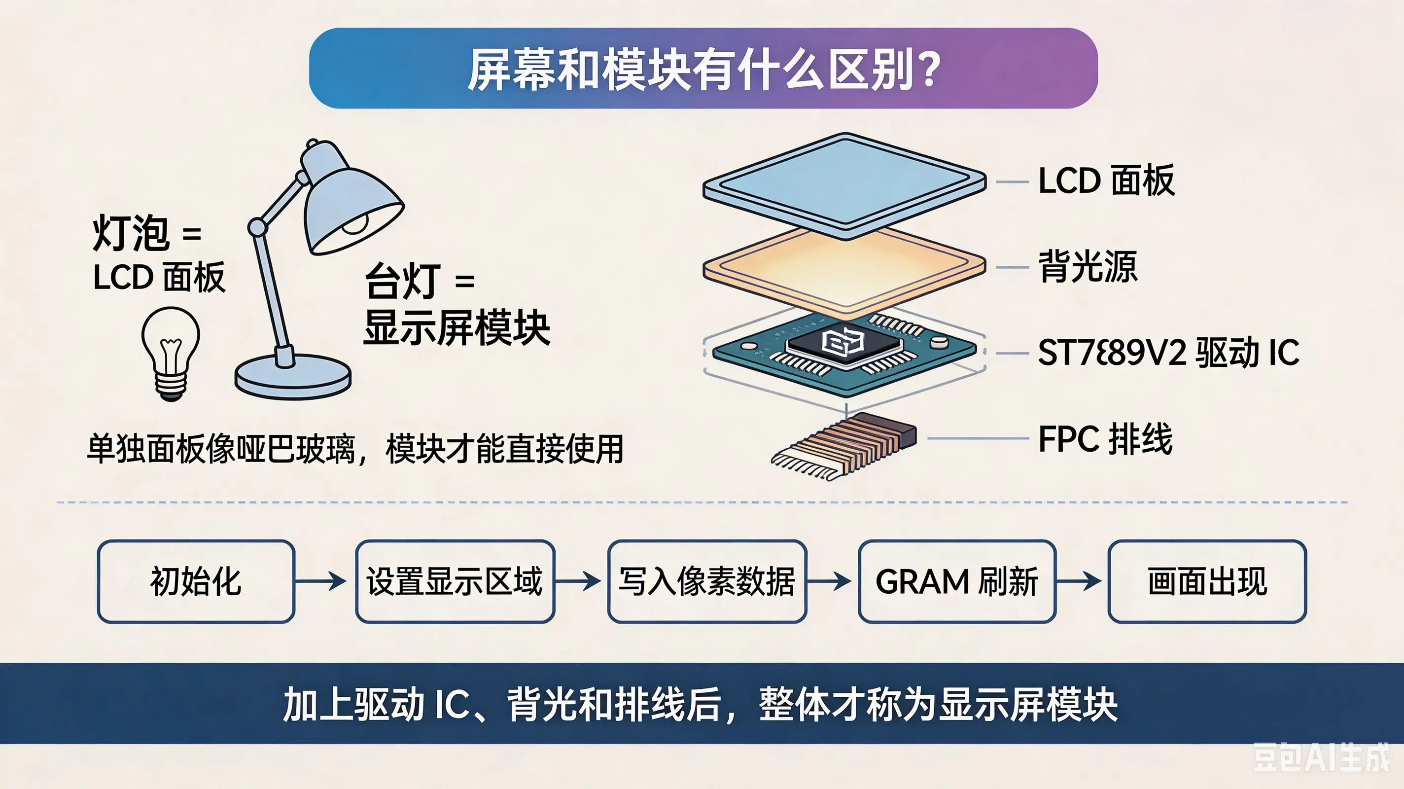 屏幕 / 模块区别 + 台灯类比